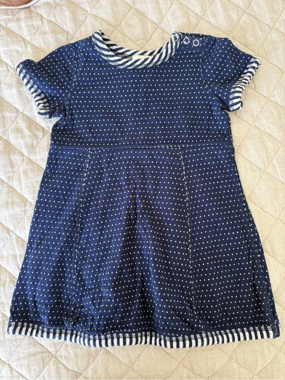 Hanna Andersson Navy Dot Knit Dress with Striped Trim Accents